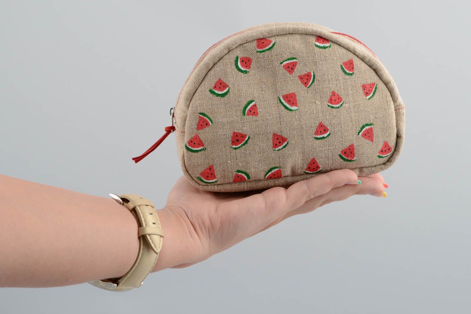 Handmade designer sailcloth semi round cosmetics bag with water melons pattern photo 1