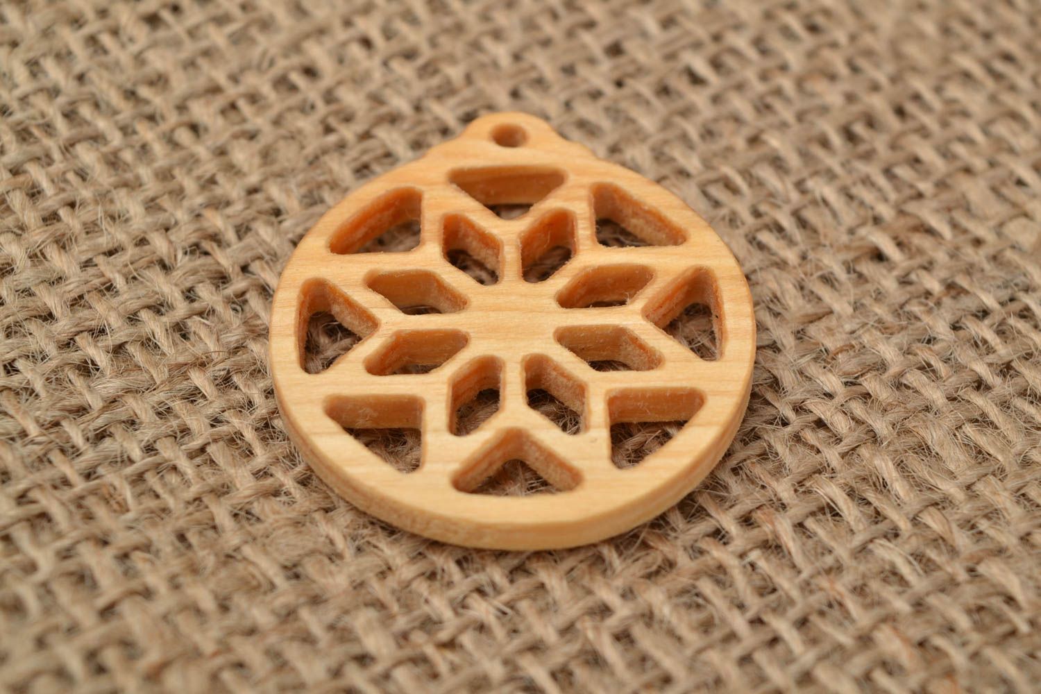 Slavonic handmade round amulet pendant made of wood with open-work photo 1