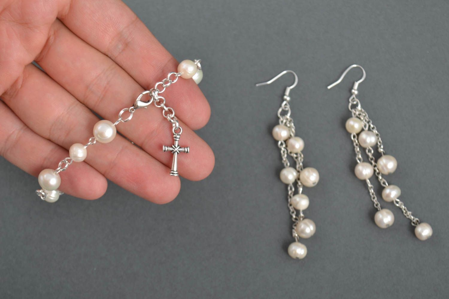 Handmade pearl jewelry set beaded earrings beaded bracelet designs gift ideas photo 5