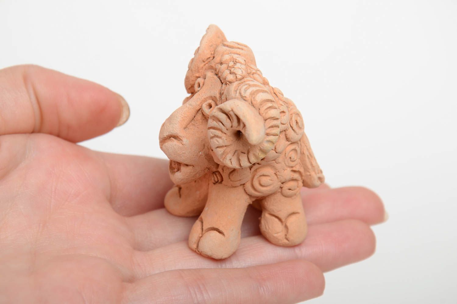 Small miniature ceramic handmade figurine of lamb molded of pottery clay photo 5