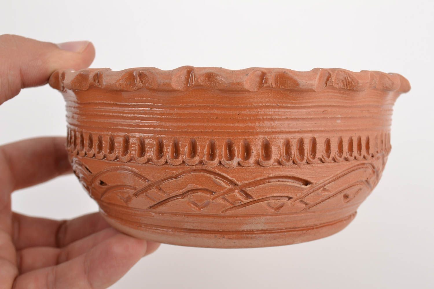 Handmade ornamented ceramic bowl kilned with milk with white glaze inside 500 ml photo 2