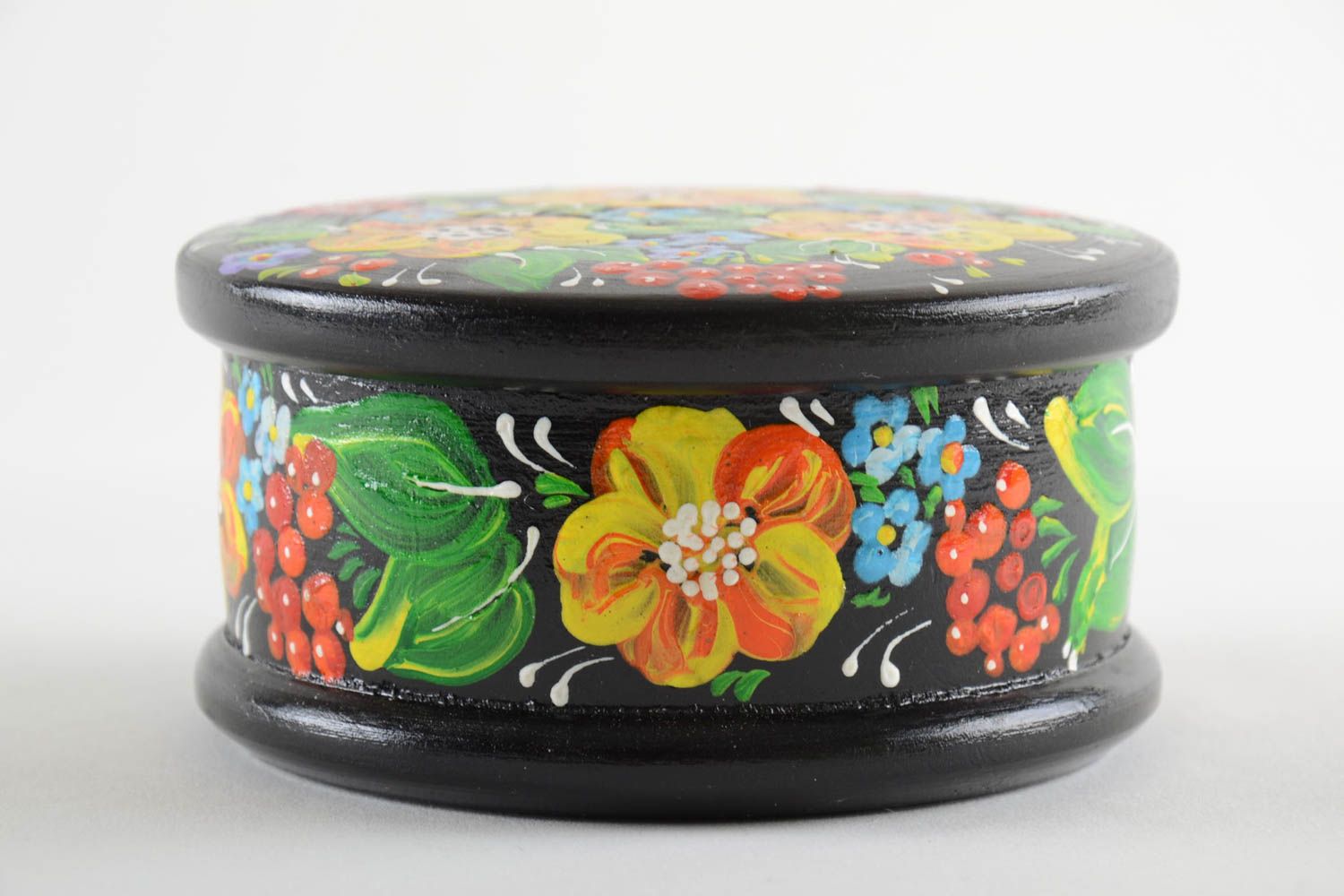 Beautiful handmade painted round wooden jewelry box unusual design photo 2
