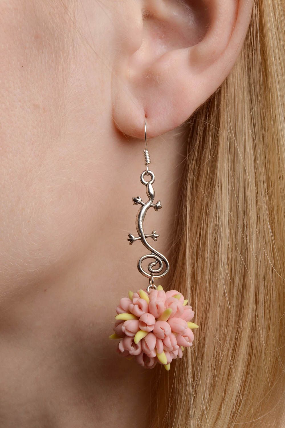 Unusual fancy earrings with tender handmade polymer clay flower bouquet pendant photo 2