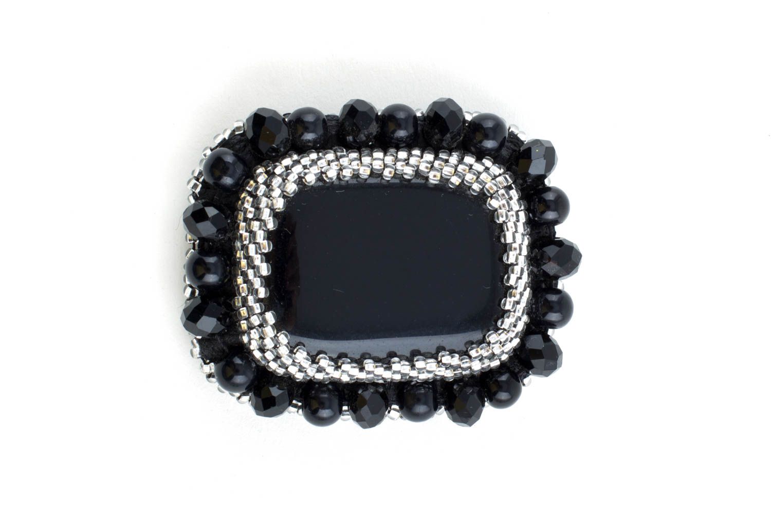 Handmade elegant festive black agate brooch with seed beads on leather basis photo 2