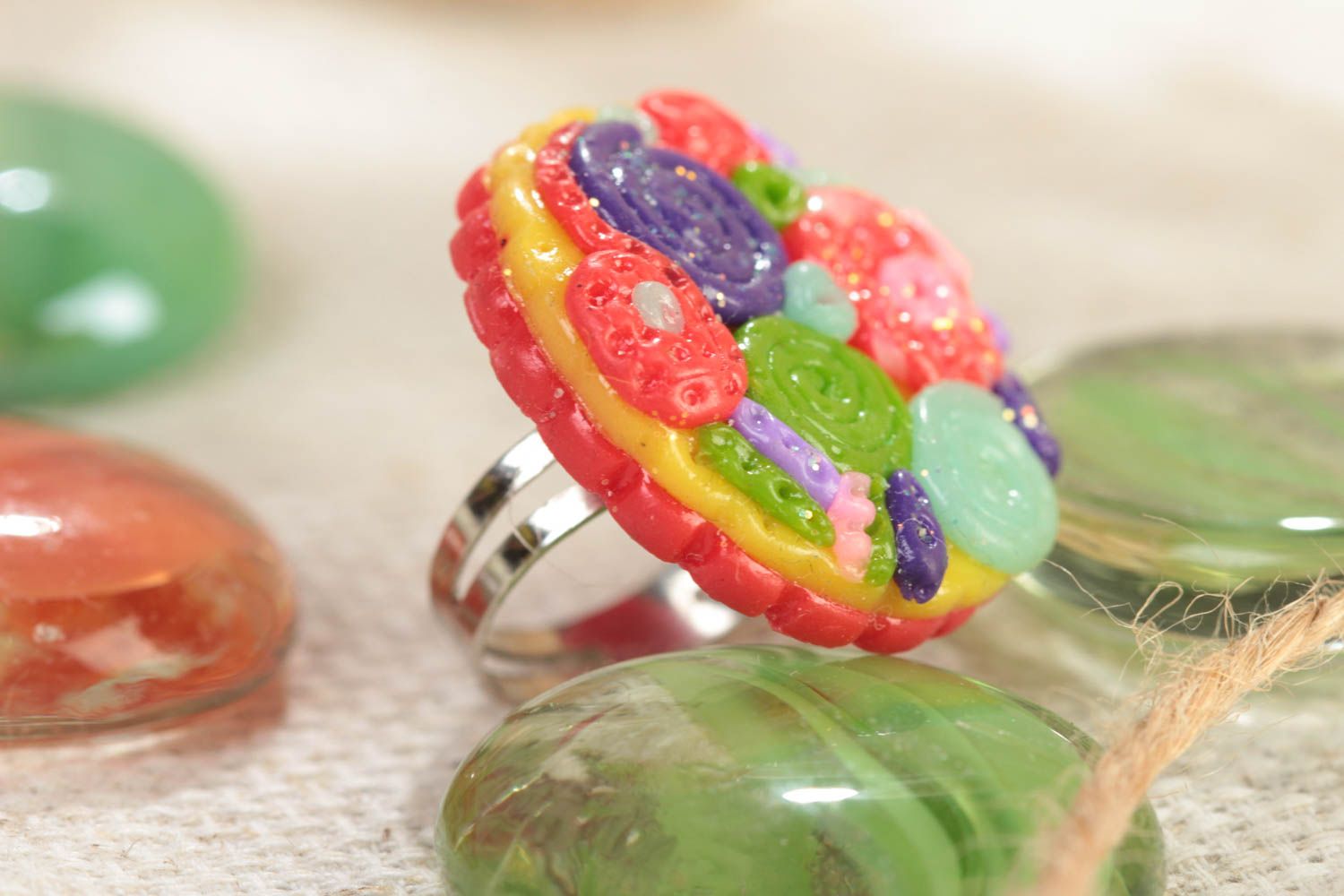 Handmade massive jewelry ring with colorful polymer clay top and metal basis photo 1