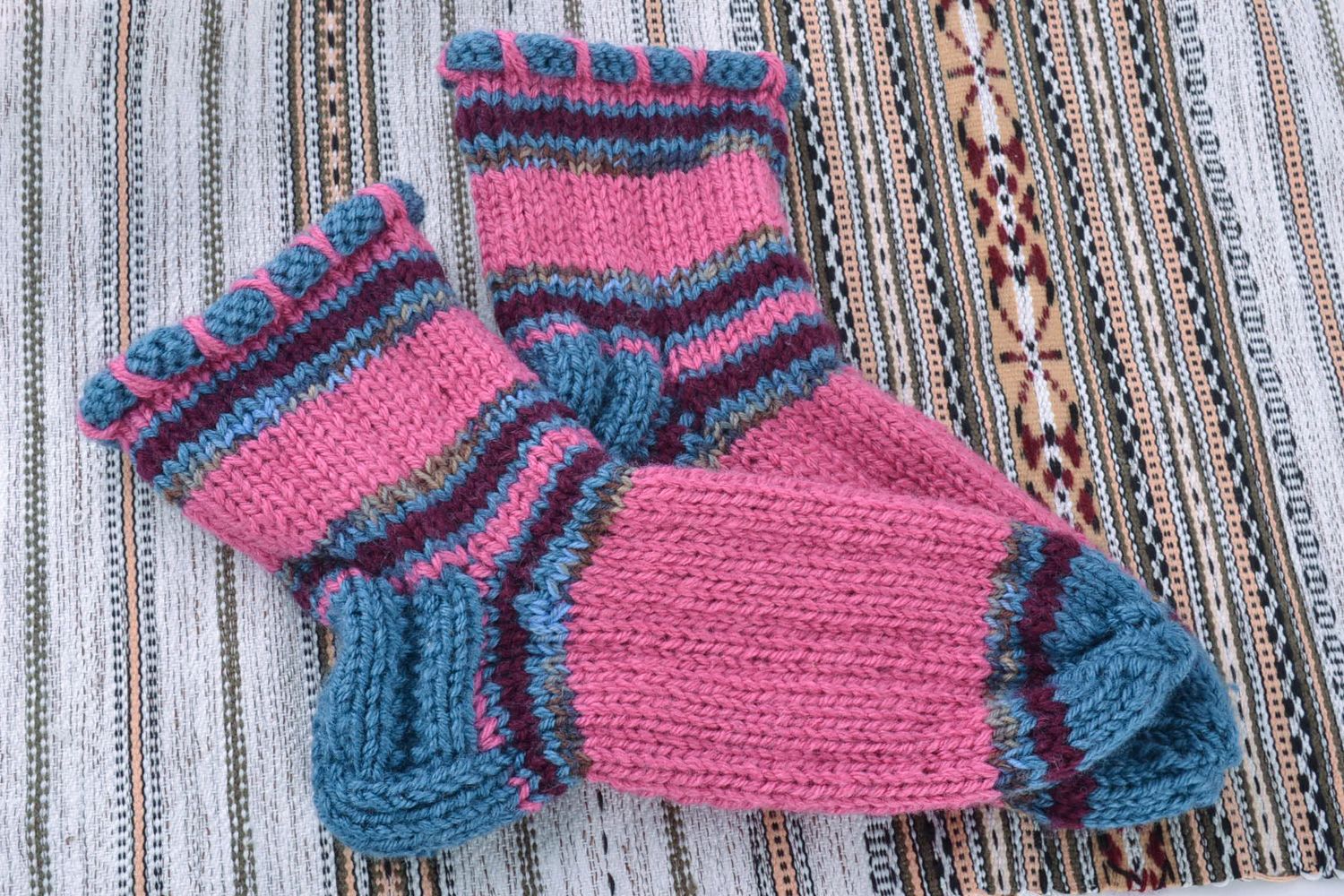 Handmade beautiful bright warm wool knitted socks photo 1