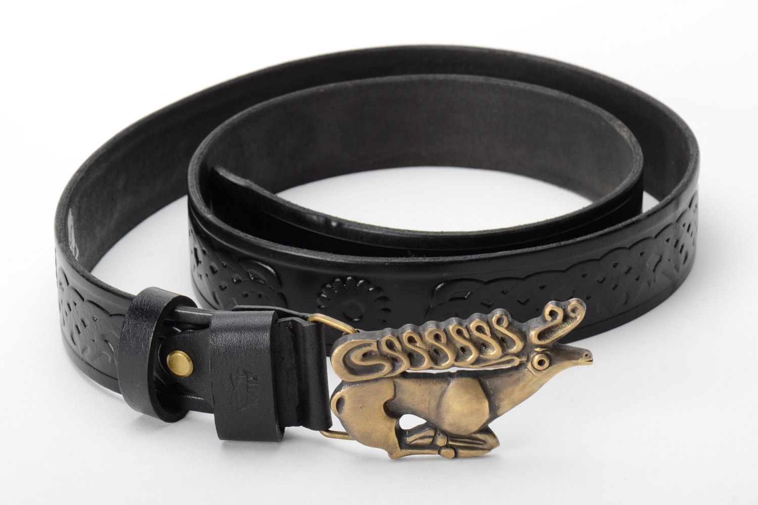 Homemade black genuine leather belt with brass buckle in the shape of bull photo 2