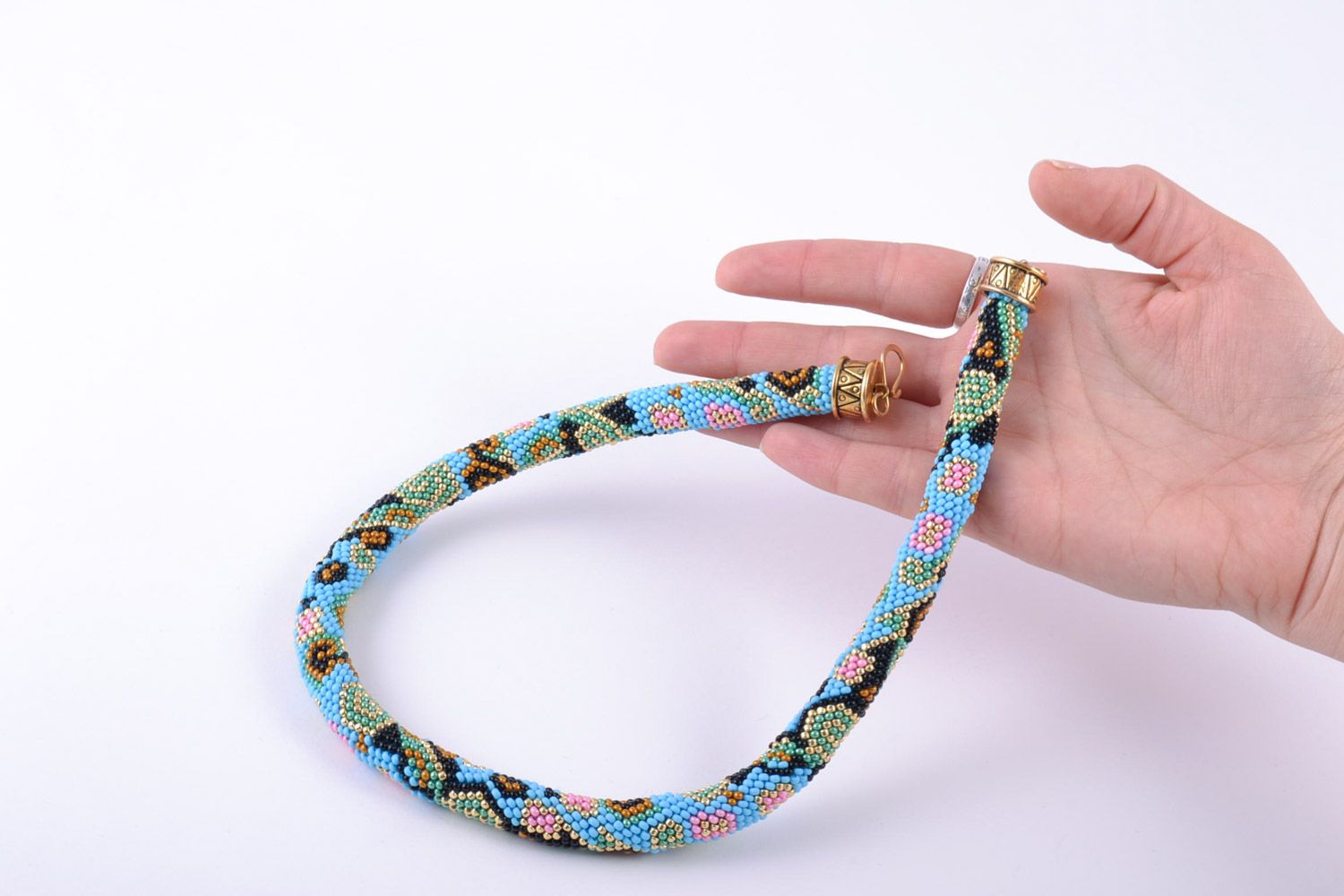 Handmade Czech bead cord necklace of turquoise color with unusual patterns photo 2