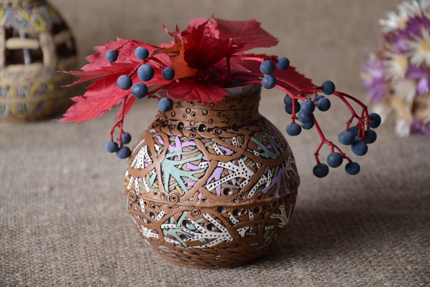 Vase céramique fait main Petit vase à motifs multicolore Cadeau pour femme photo 1