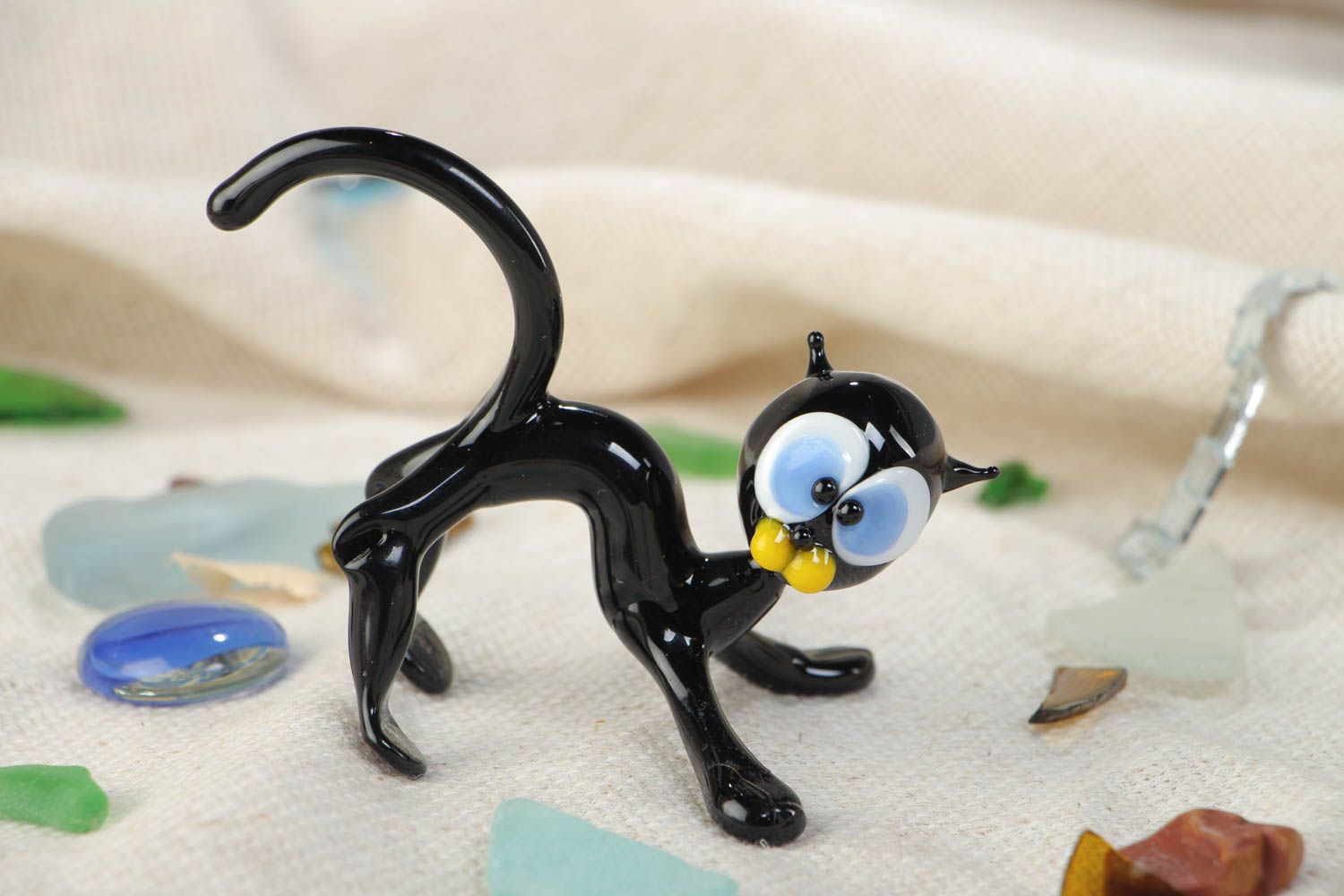 Unusual funny homemade lampwork glass figurine of black cat photo 1