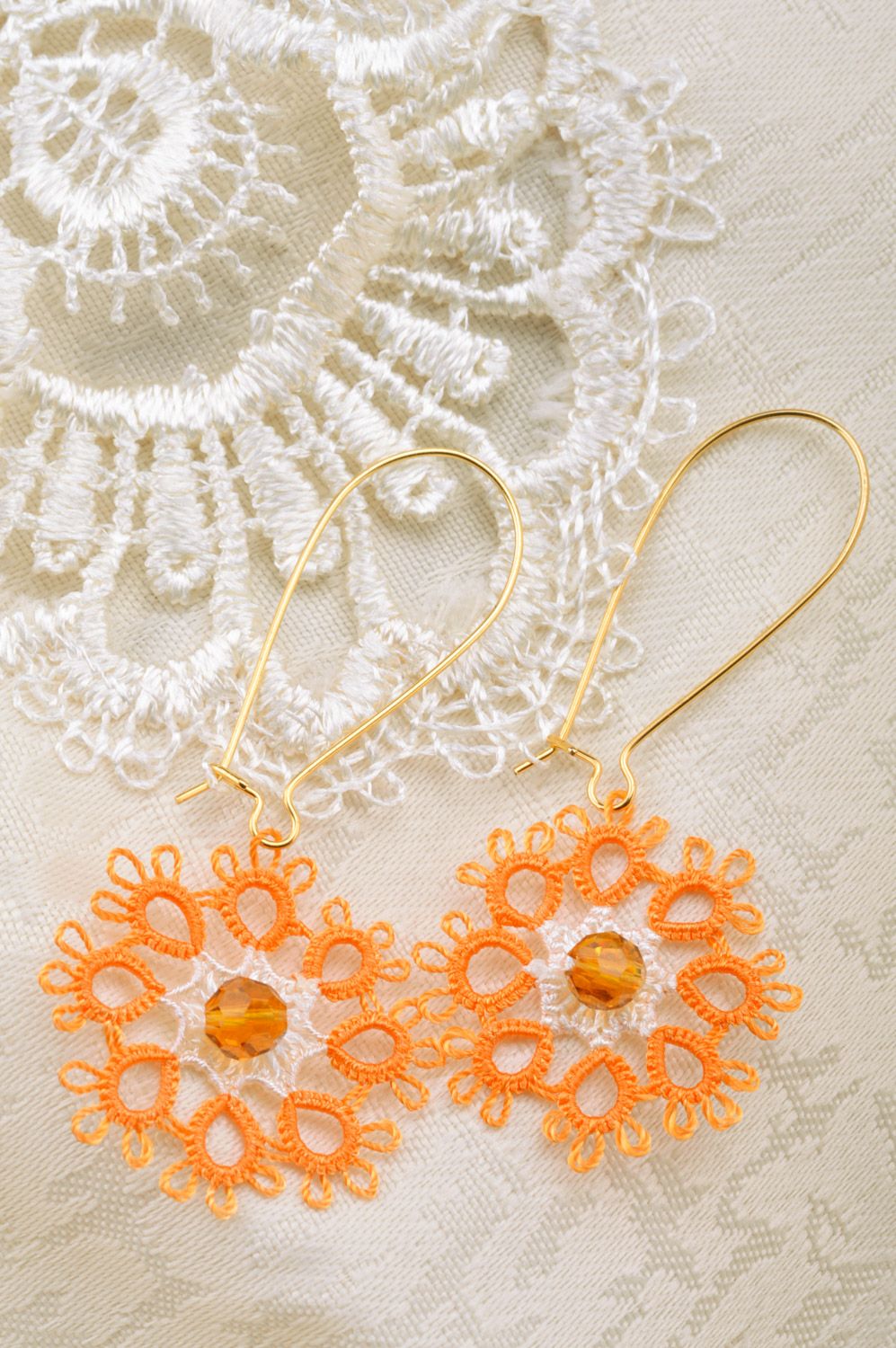 Handmade women's tatting earrings crochet of satin threads of orange color photo 5