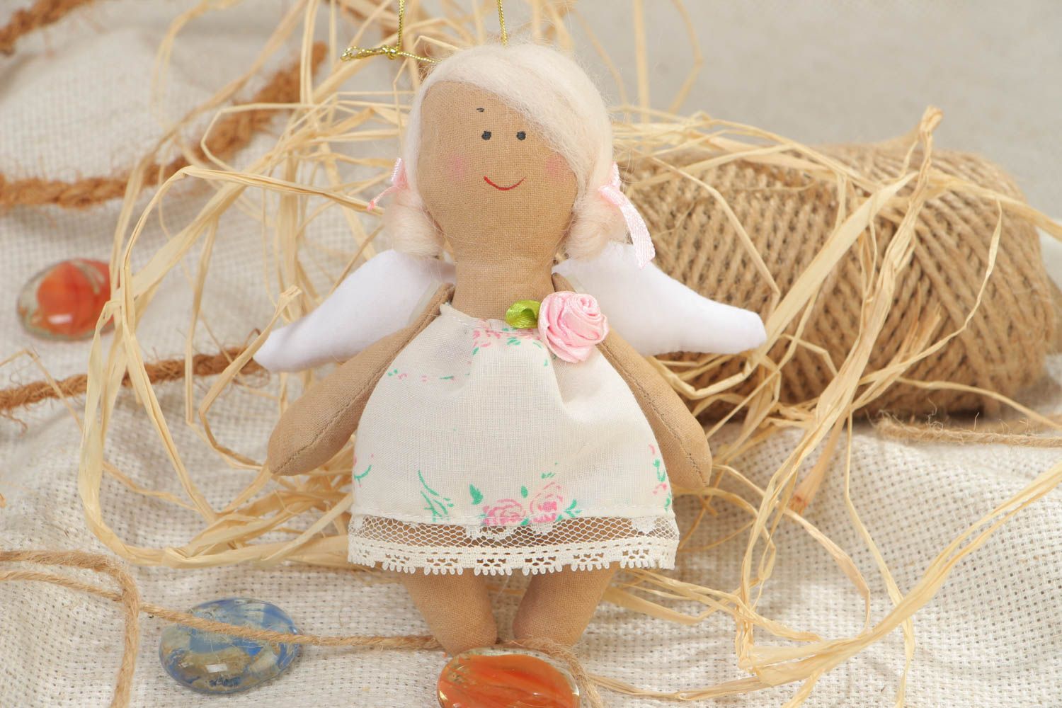 Handmade designer soft doll sewn of cotton in the shape of angel in white dress photo 1