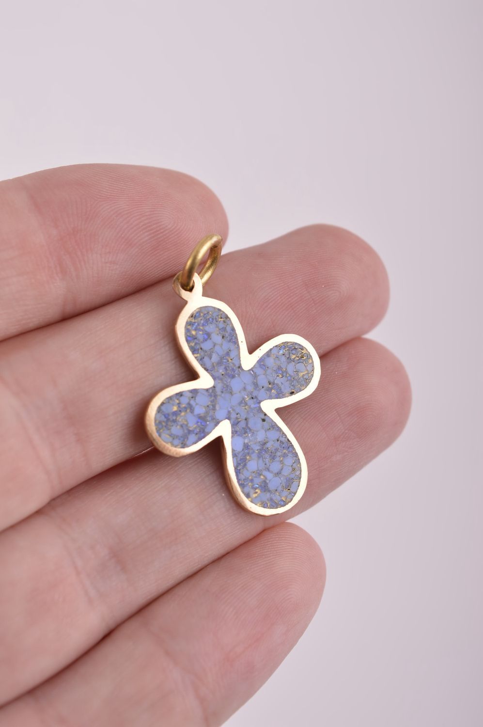 Крестик с камнями handmade подвеска на шею голубое украшение из латуни фото 5