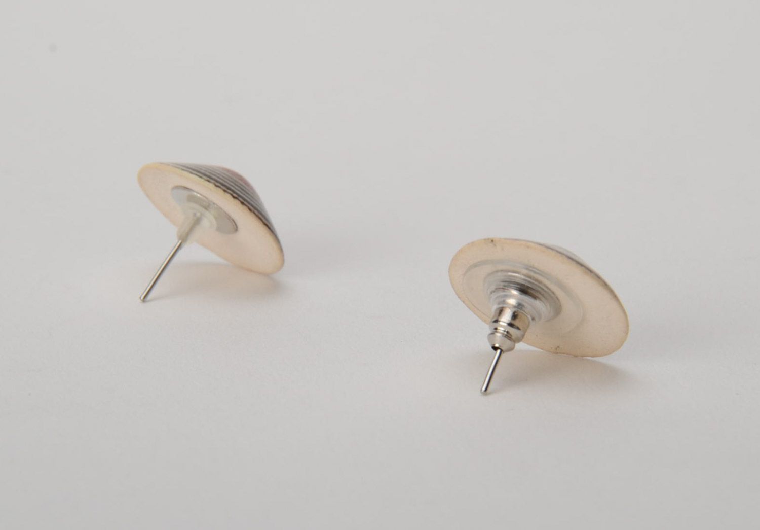Women's striped stud earrings hand made of white clay and painted with colored enamels photo 5