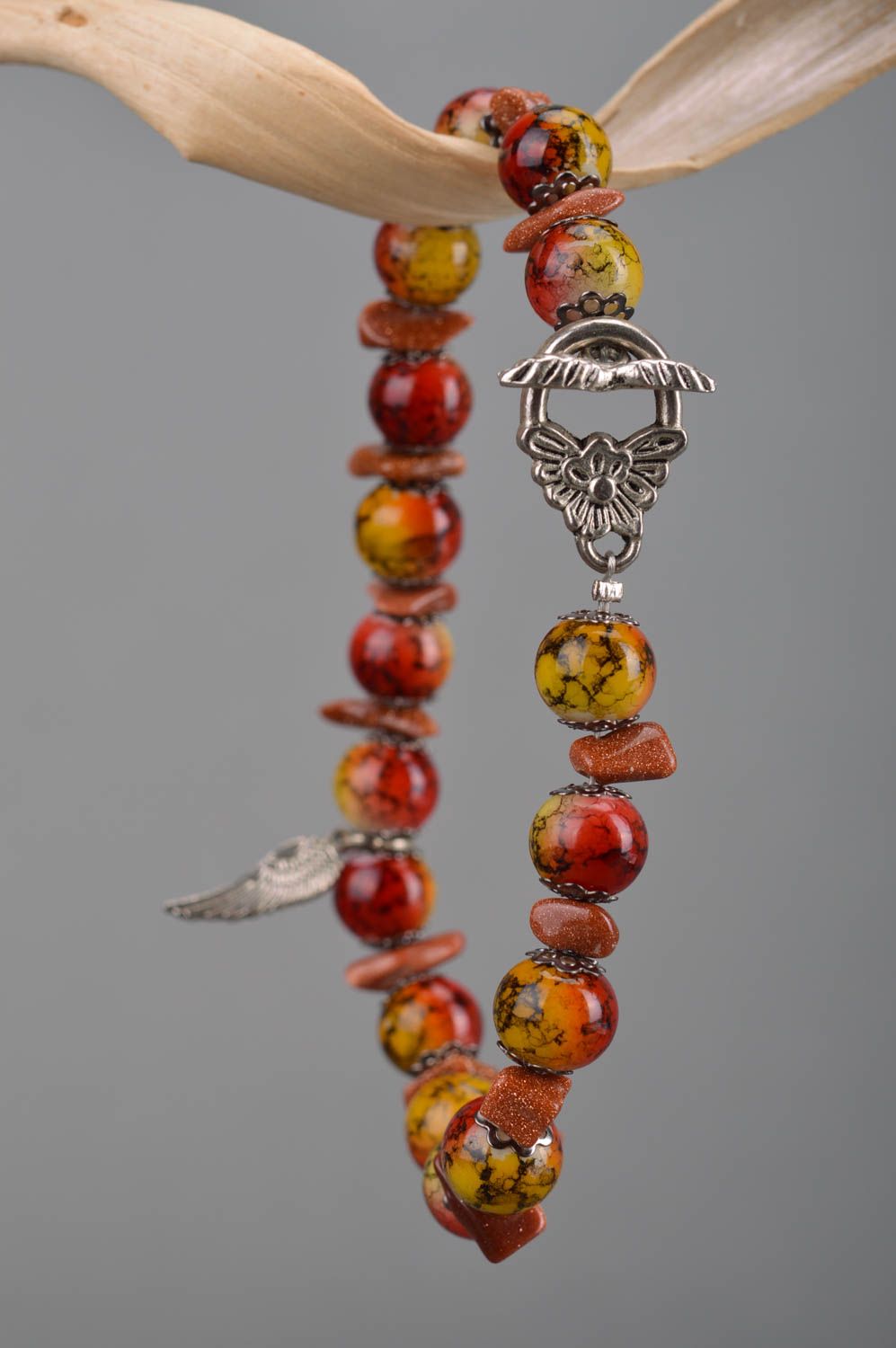 Сolorful aventurine stone beaded charm bracelet with wing designer leaves charms photo 3