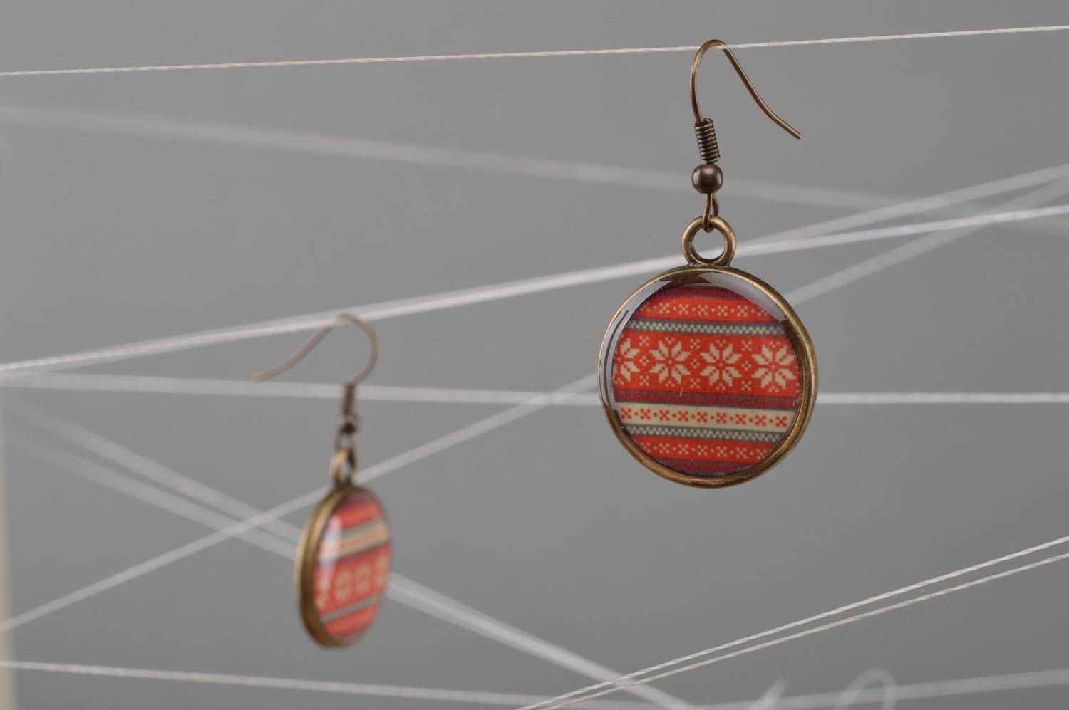 Beautiful handmade round shaped decoupage earrings with ethnic ornament photo 2