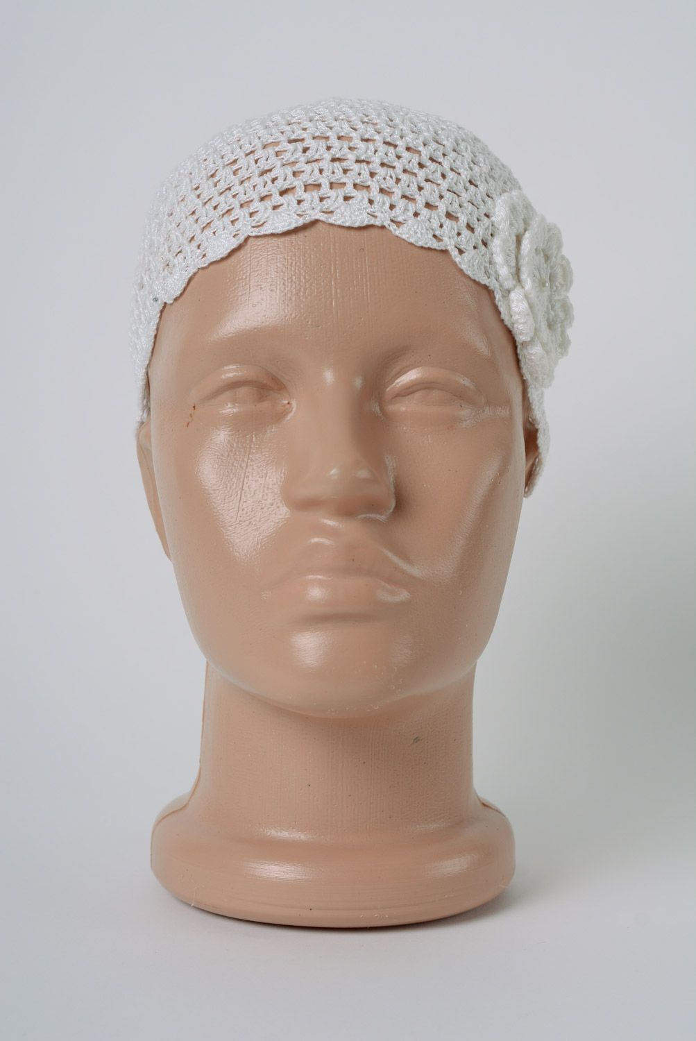 Handmade white lacy hat crocheted of cotton threads with flowers and beads photo 4