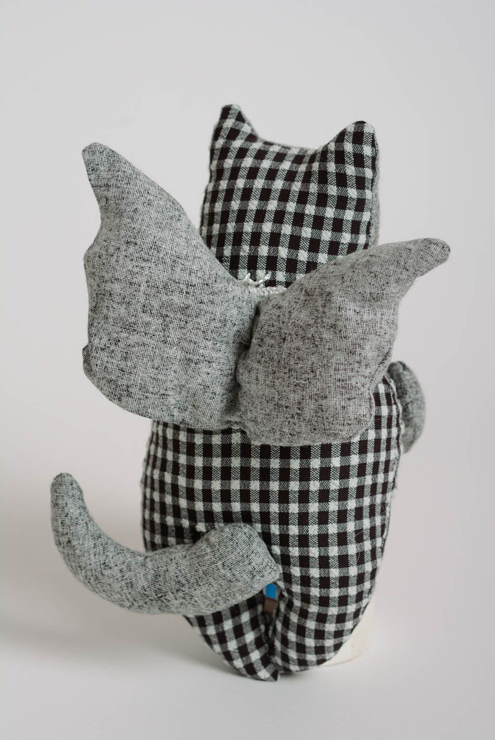 Beautiful handmade fabric soft toy in the shape of gray cat for home decor photo 3