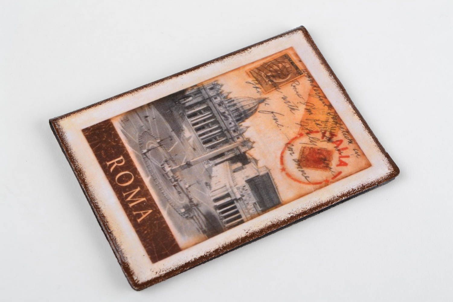 Handmade designer faux leather passport cover decorated with decoupage Roma photo 4