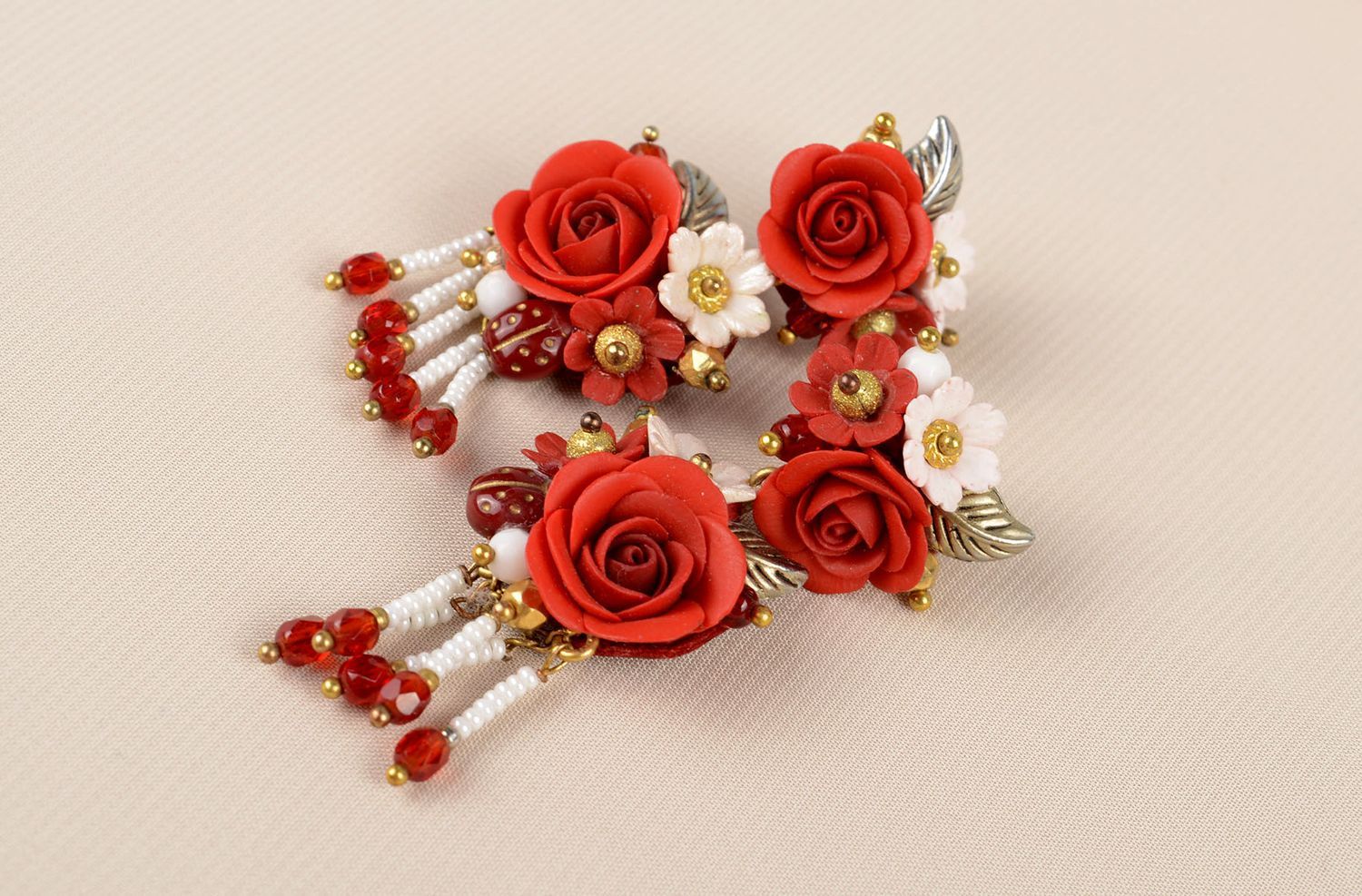 Handmade polymer clay earrings with charms plastic earrings with red flowers photo 5
