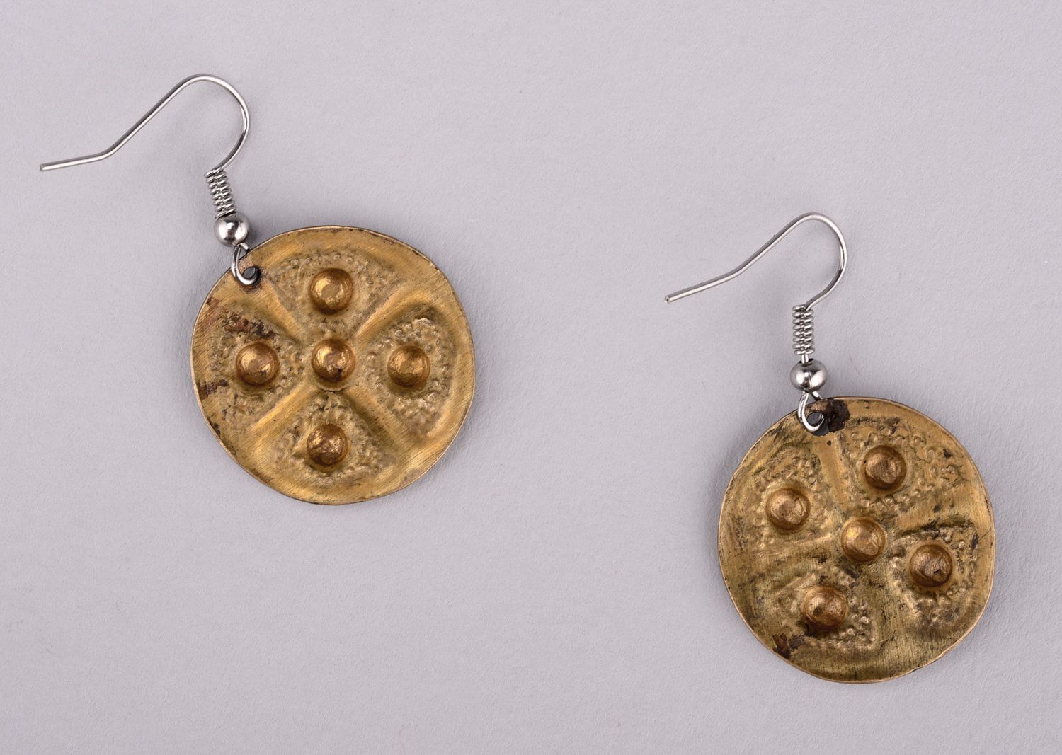 Metal earrings Sign of the Sun and the Earth with gilding photo 2