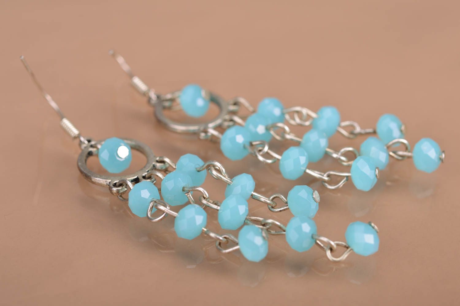 Handmade designer long metal earrings with blue crystal beads festive stylish photo 2