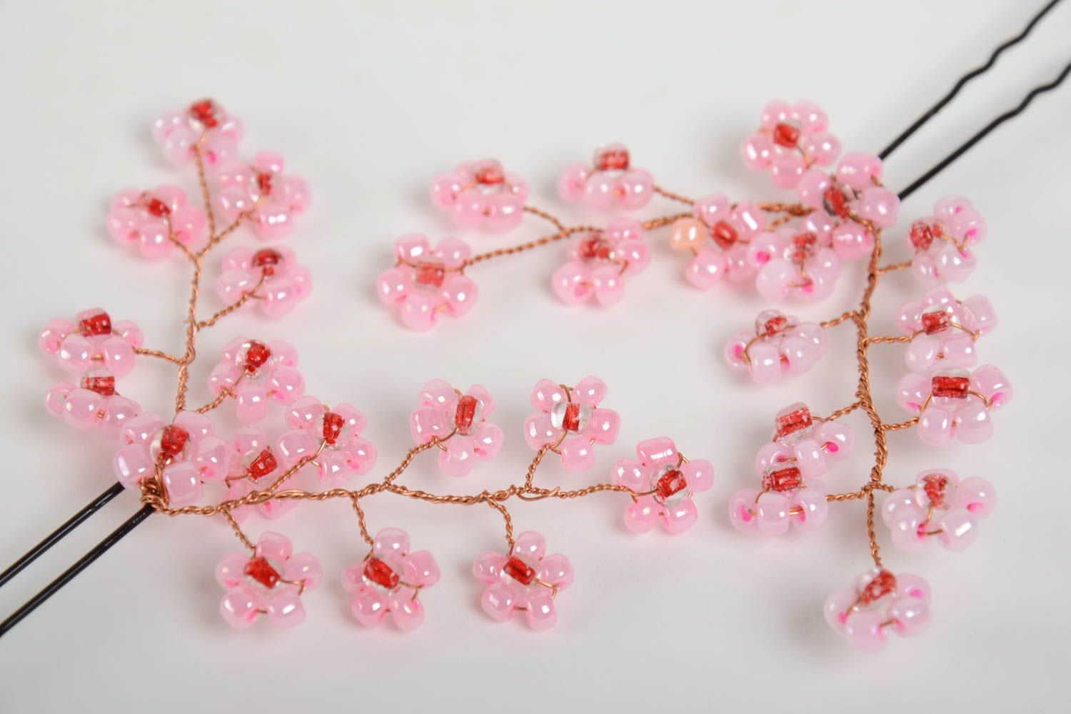 Piques à chignon florales perles de rocaille roses belles 2 pièces faites main photo 3