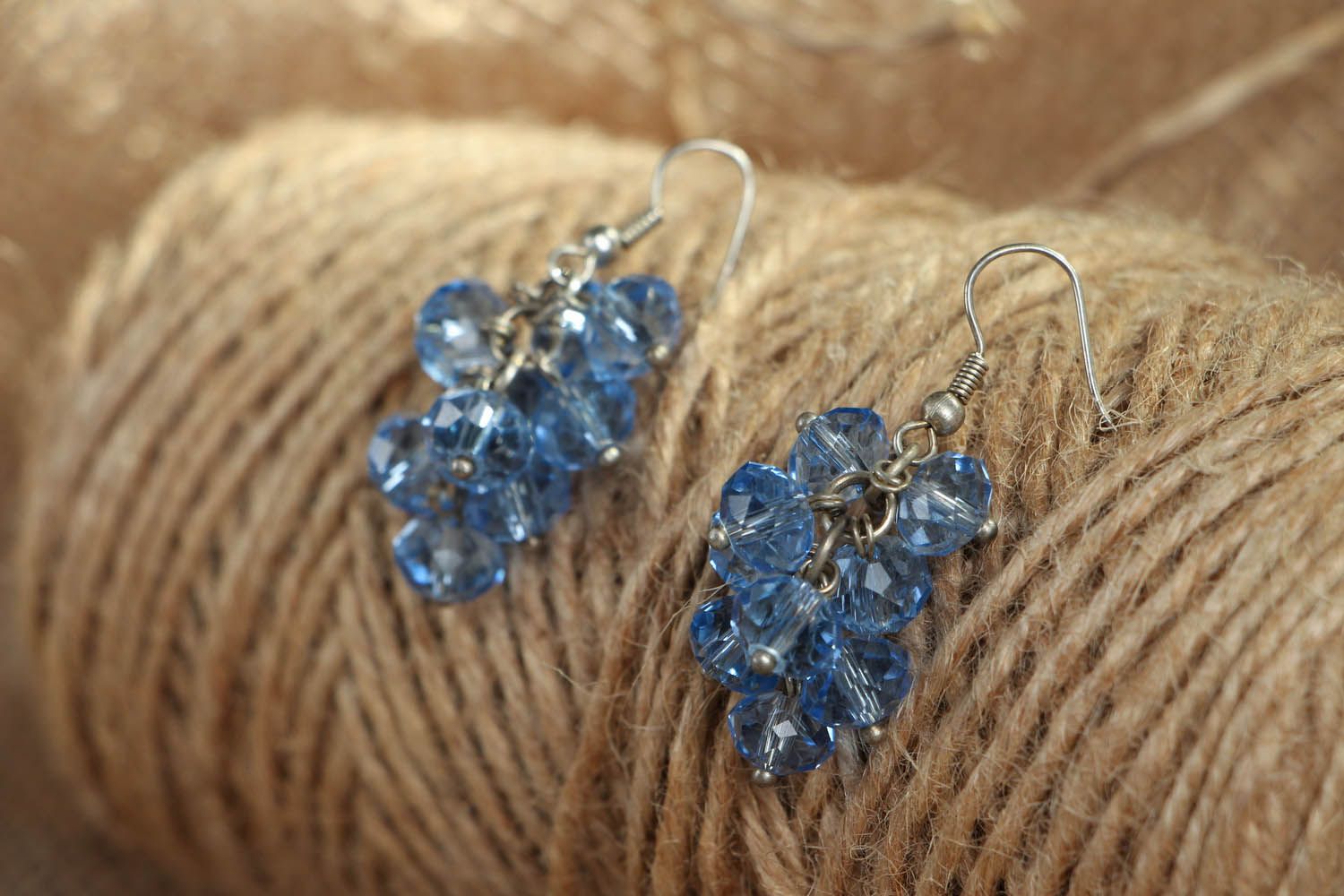 Blue earrings with crystal beads photo 3