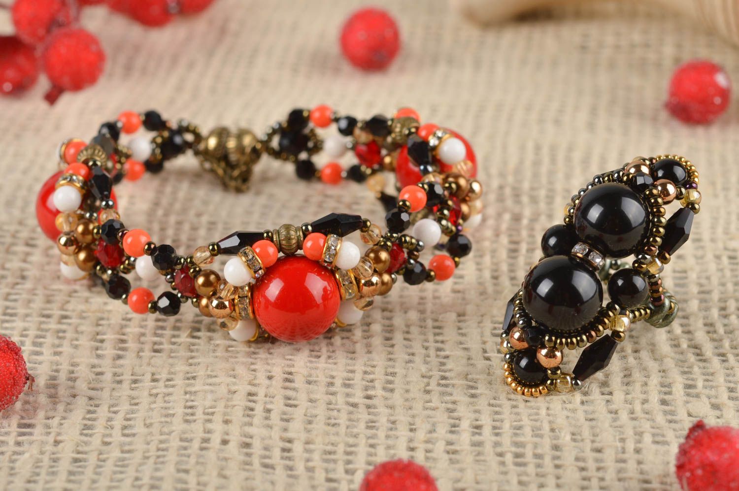 Lot de bijoux Bracelet et bague faits main en perles de rocaille Cadeau femme photo 1