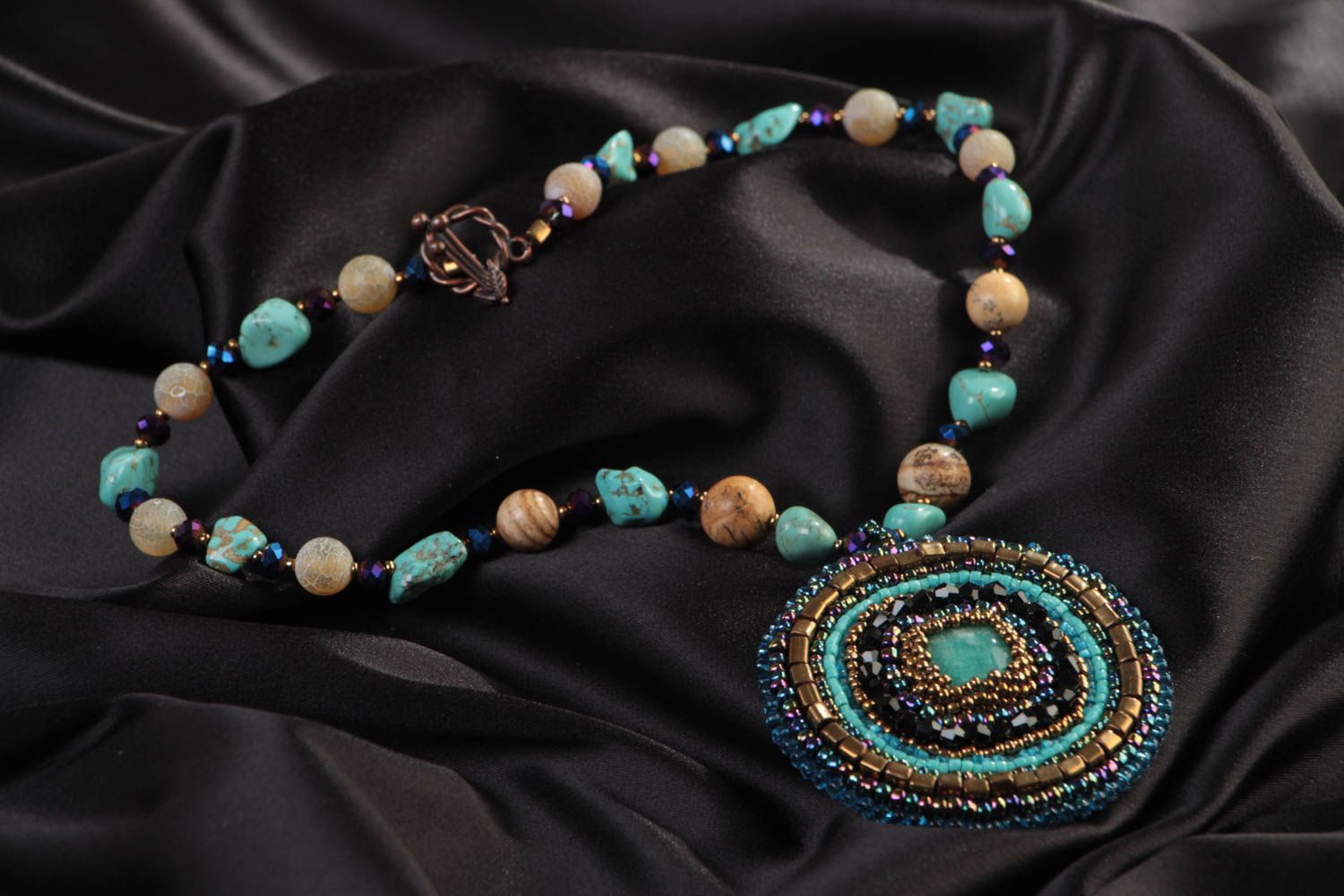 Bright massive handmade beaded necklace with natural stones designer Mandala photo 1