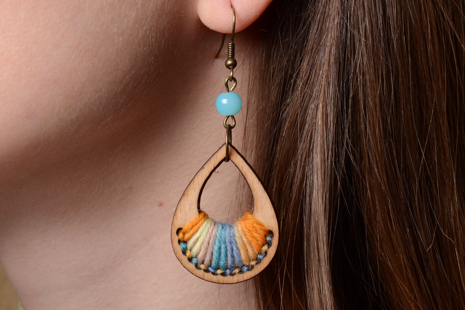 Handmade plywood earrings with colored thread embroidery in the form of droplets photo 5