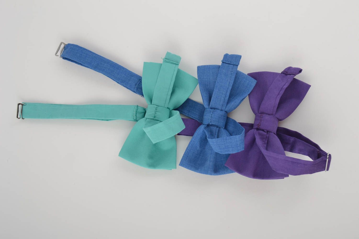 Noeuds papillon faits main violet bleu clair et turquoise en coton 3 pièces photo 5
