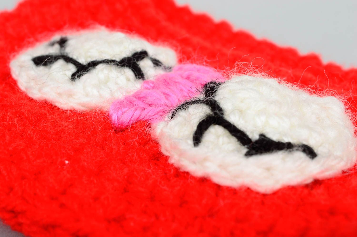 Couvre-tasse tricot au crochet fait main rouge avec yeux Cadeau original photo 5