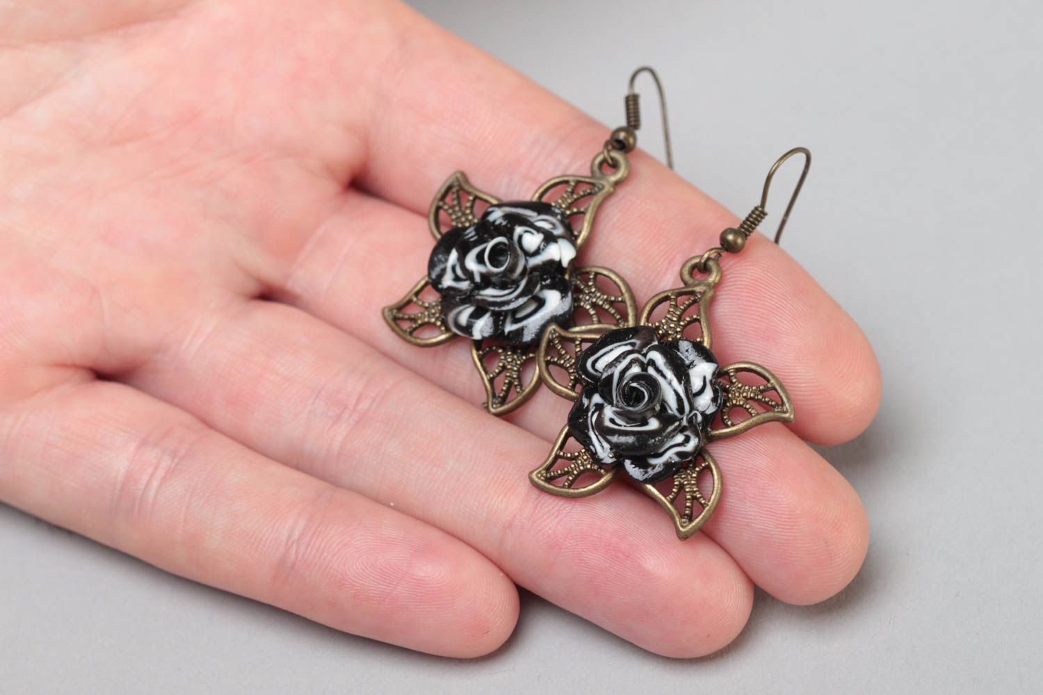 Handmade designer dangling earrings of bronze color with polymer clay flowers photo 5