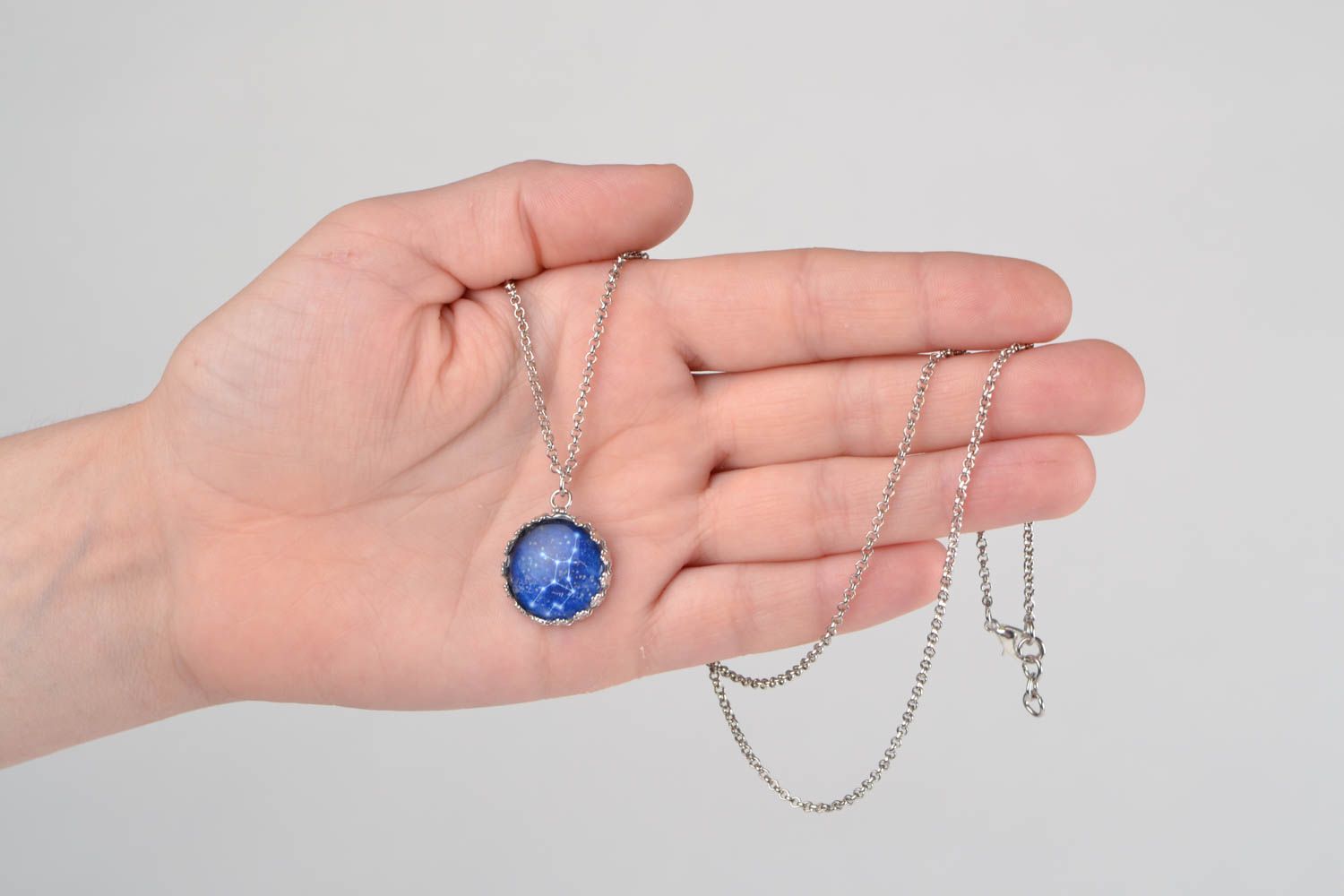 Designer handmade round blue glass pendant with Virgo constellation on chain photo 2