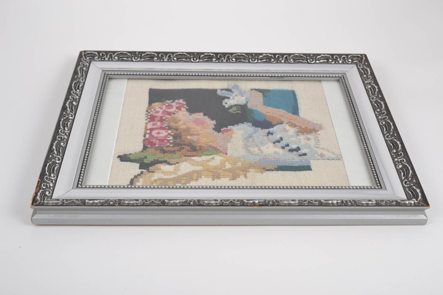 Makramee Wandbild aus Stoff im schönen Rahmen Engel mit Taube handgeschaffen  foto 2