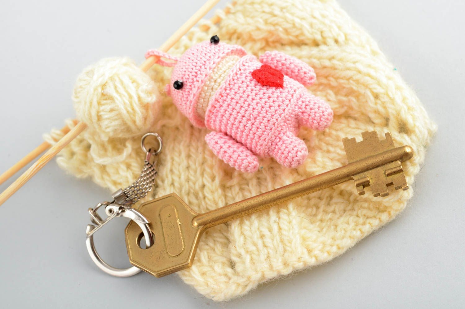 Soft toy keychain pink small handmade crocheted decorative present for friend photo 1