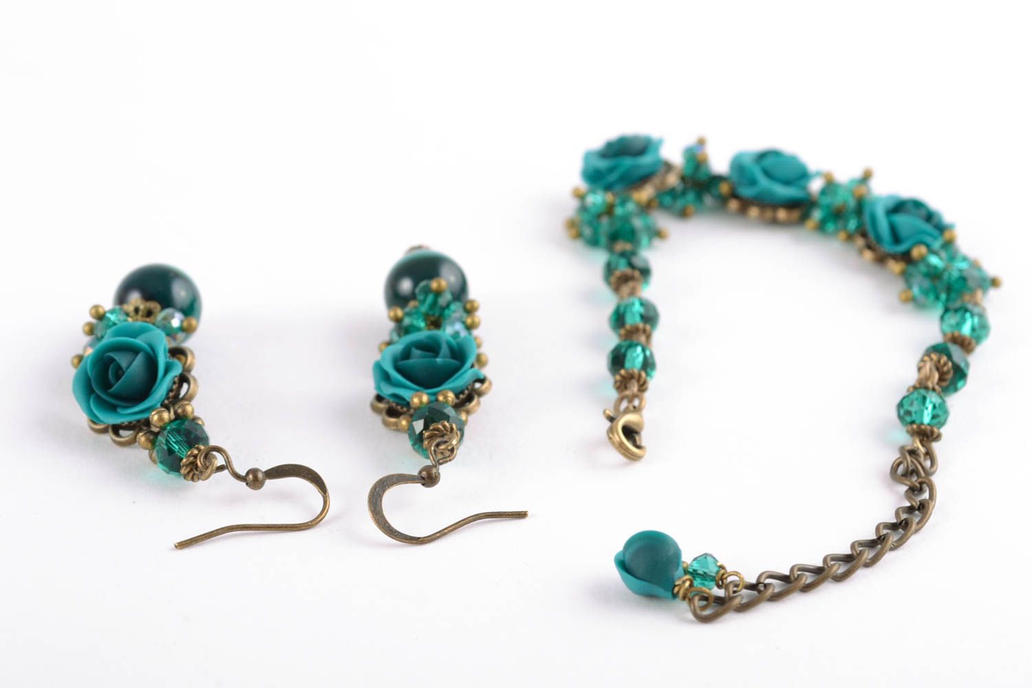 Dark green charm chain bracelet and earrings set for women photo 4