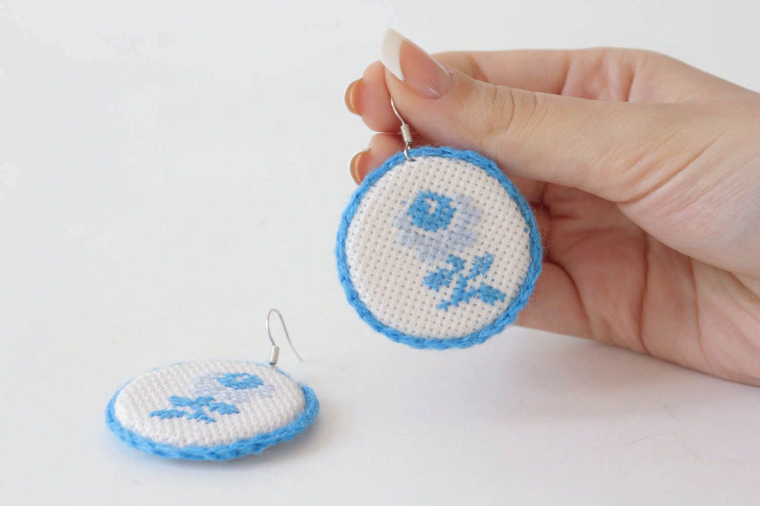 Embroidered earrings in blue colors photo 5