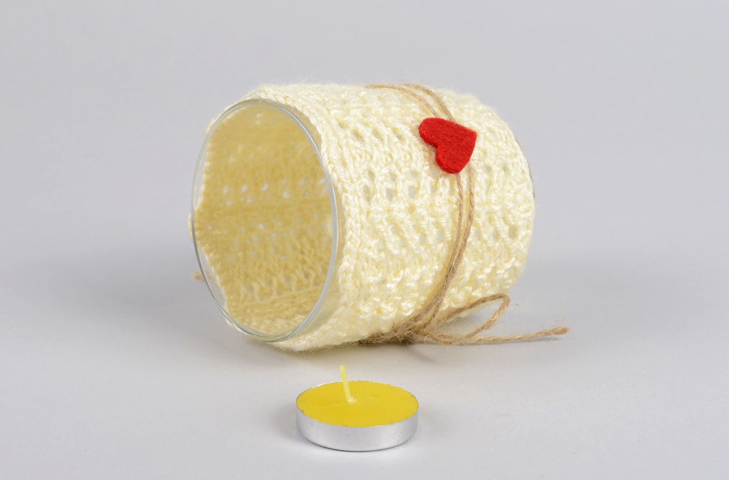Tea light glass candle holder with knitted cover great Valentine's day gift 3,54 inches photo 2