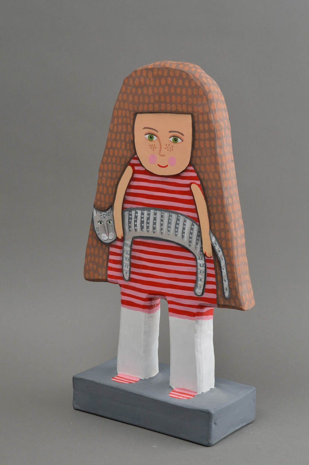 Handmade Figur aus Gips Wohn Accessoire Haus Deko Mädchen mit Kater auf Ständer foto 4