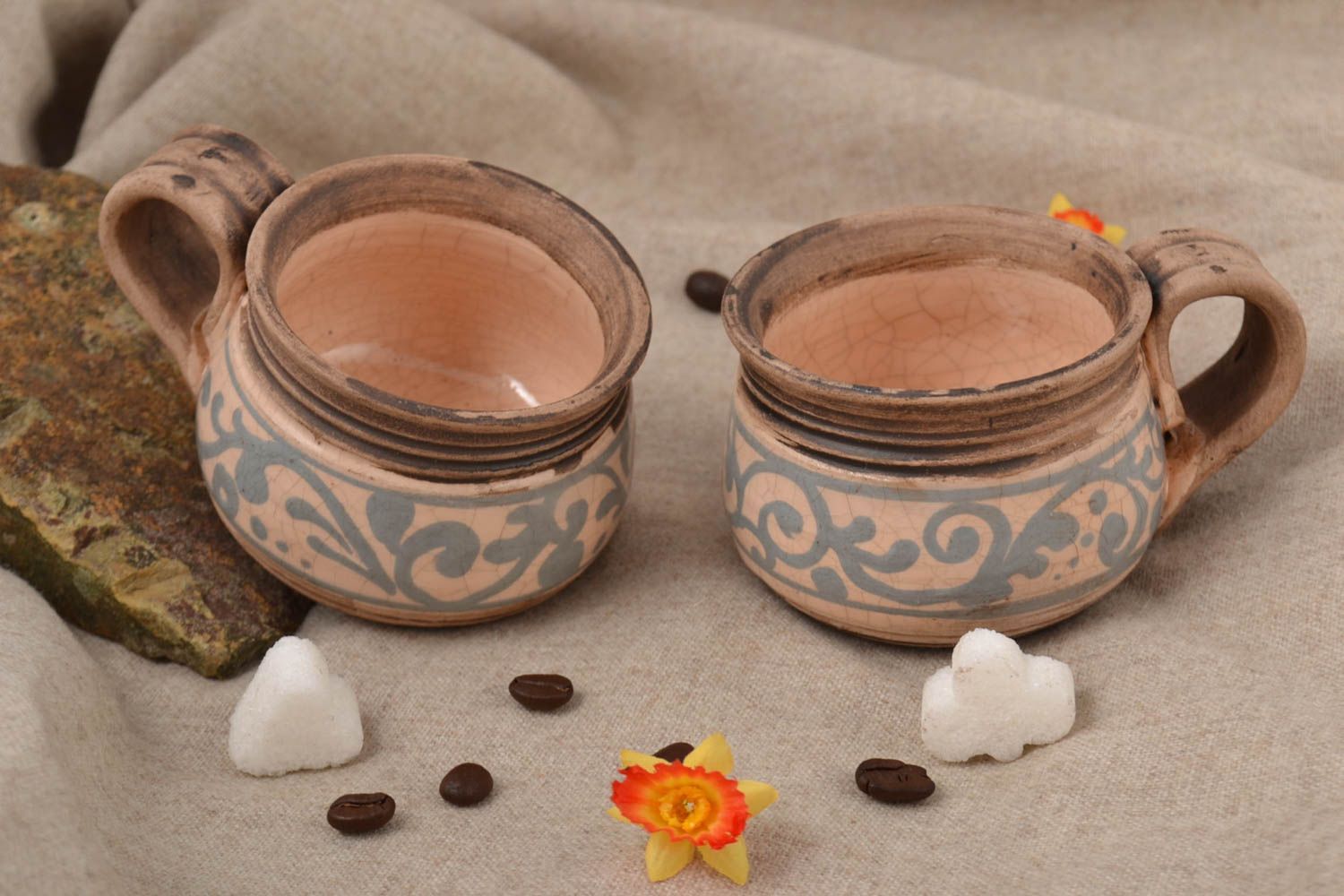 Pair of 2 two ceramic glazed espresso coffee cups in Mexican style 0,73 lb photo 1