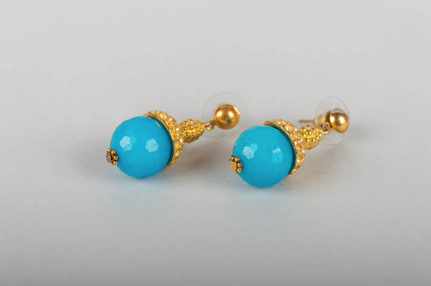 Handmade small neat latten earrings with blue quartz beads photo 3