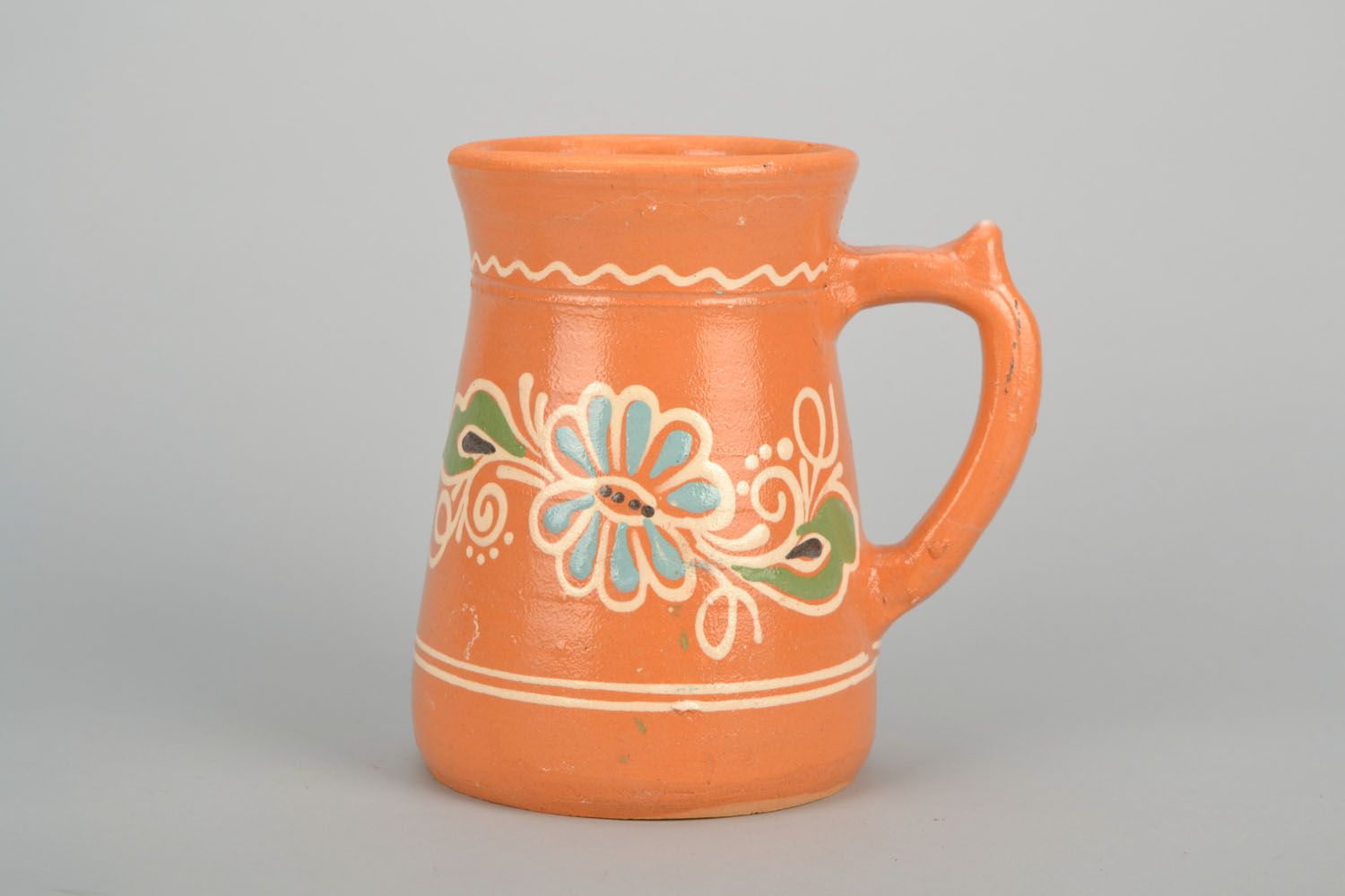 Large clay glazed beer, coffee, tea glazed cup with handle and floral pattern photo 3