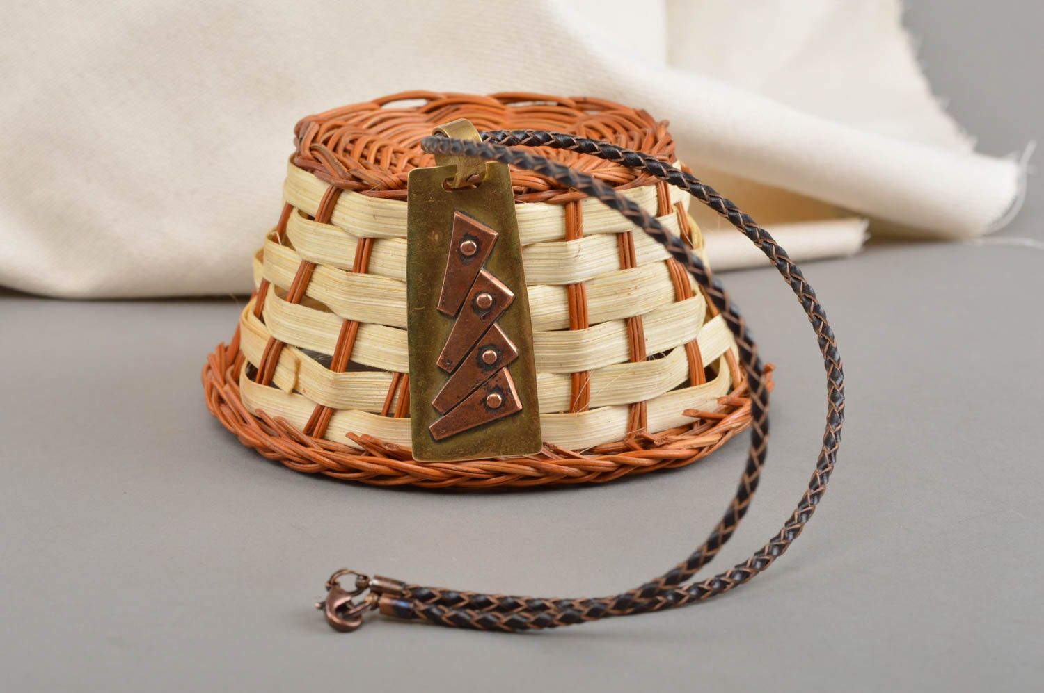 Metal pendant handmade copper accessory stylish brass jewelry on long cord photo 1