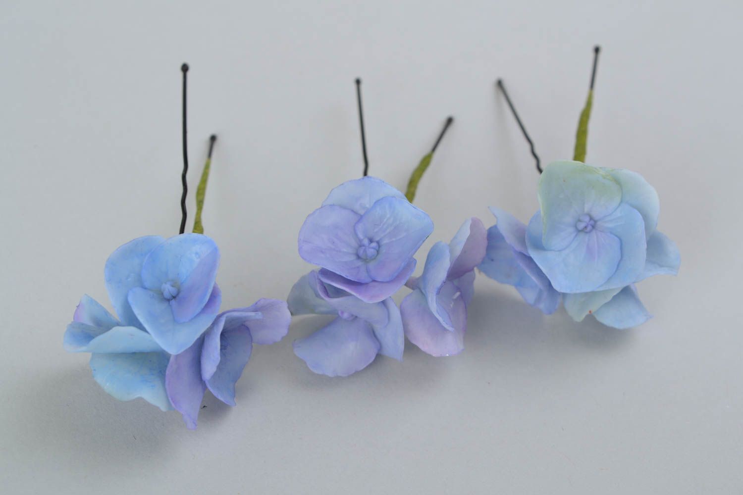 Pics à cheveux artisanaux ensemble de 3 pièces fait main d'argile bleu hortensia photo 4