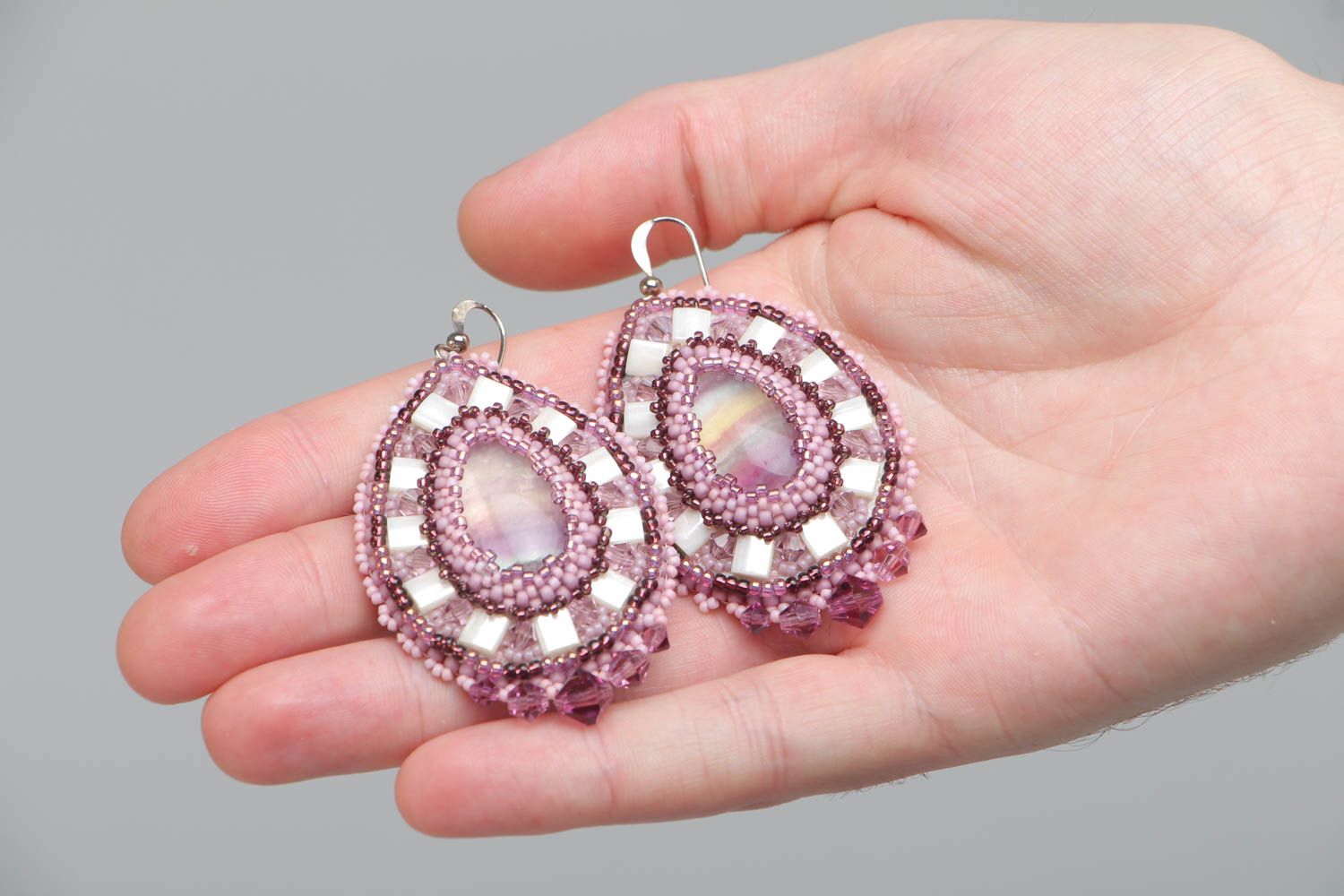Handmade violet earrings embroidered with beads crystals and natural stone photo 5