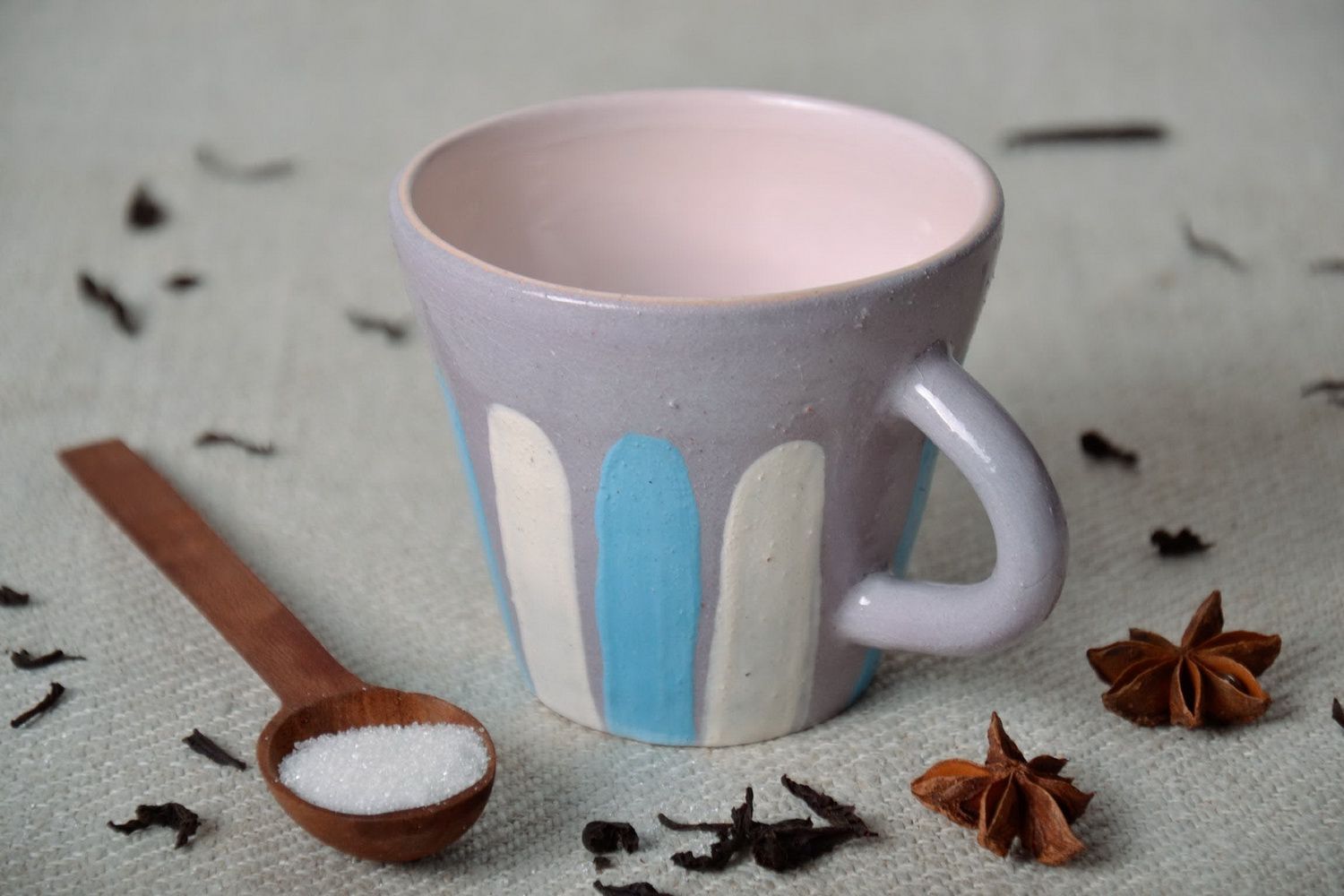 Porcelain 3 oz tea cup in grey, white, and blue colors photo 1