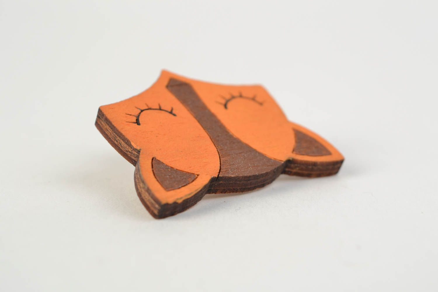Beautiful handmade painted wooden children's brooch in the shape of fox head photo 3