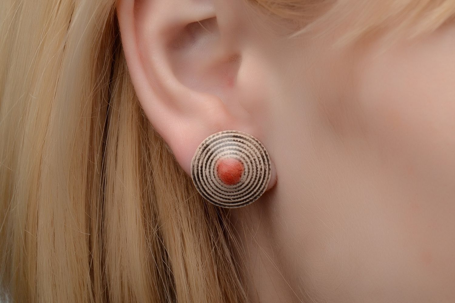 Women's striped stud earrings hand made of white clay and painted with colored enamels photo 2